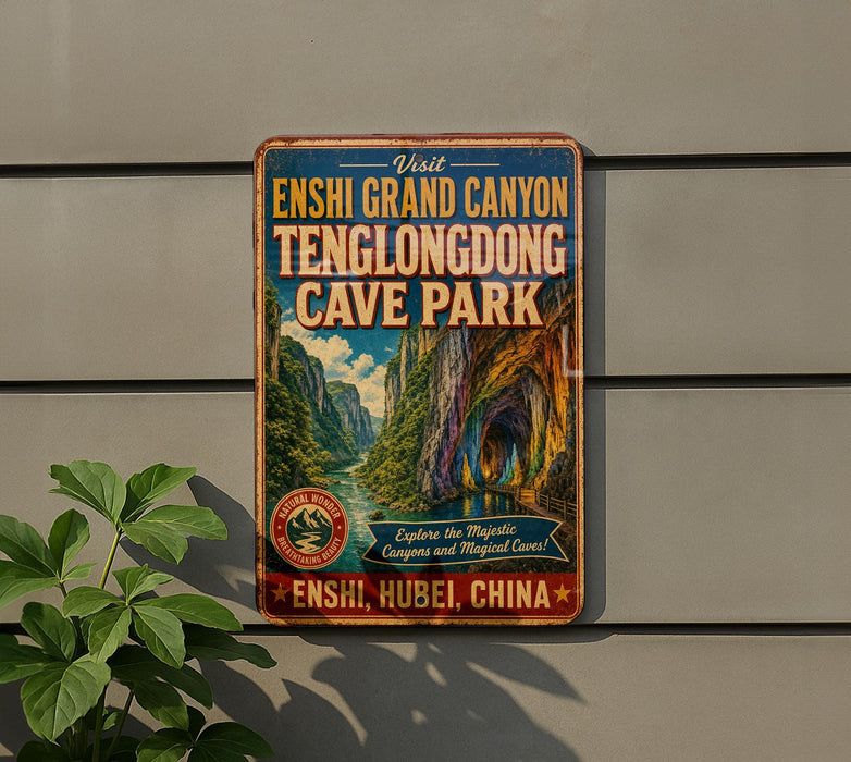 a vintage-style metal sign advertising the Eshii Grand Canyon, Tenglongdong Cave Park, and the surrounding natural wonders.