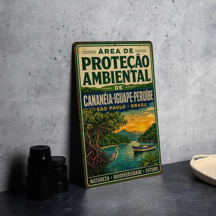 A vintage metal sign with a tropical landscape and a boat, placed on a gray countertop next to some black camera lenses.