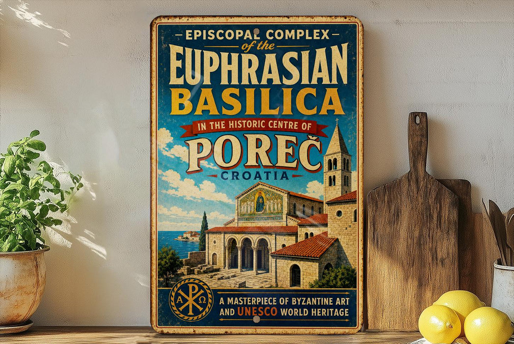 A vintage-style poster advertising the Episcopalian Basilica in Porec, Croatia, featuring an illustration of the Basilica and the text "A masterpiece of Byzantine art and UNESCO world heritage".