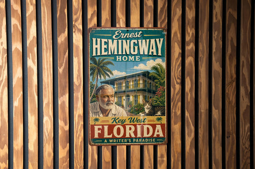 A vintage-style sign for Ernest Hemingway's home in Key West, Florida, featuring a palm tree and a house.