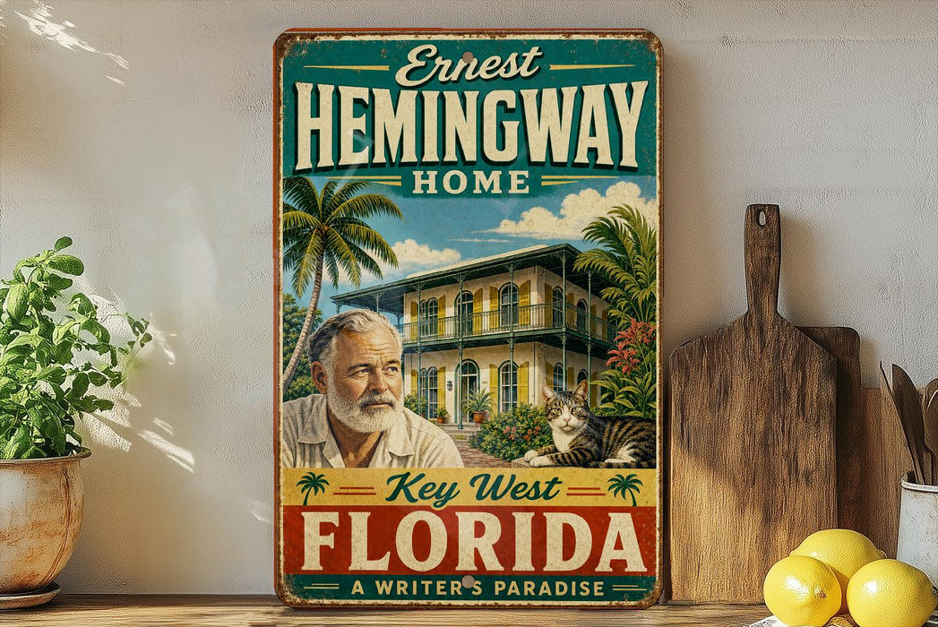 A vintage-style sign for Ernest Hemingway's home in Key West, Florida, featuring a painting of a man and a cat in a tropical setting.