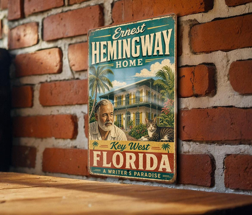 A vintage-style sign featuring a man and a cat, with the text "Ernest Hemingway Home" and "Key West Florida" printed on it, mounted on a brick wall.
