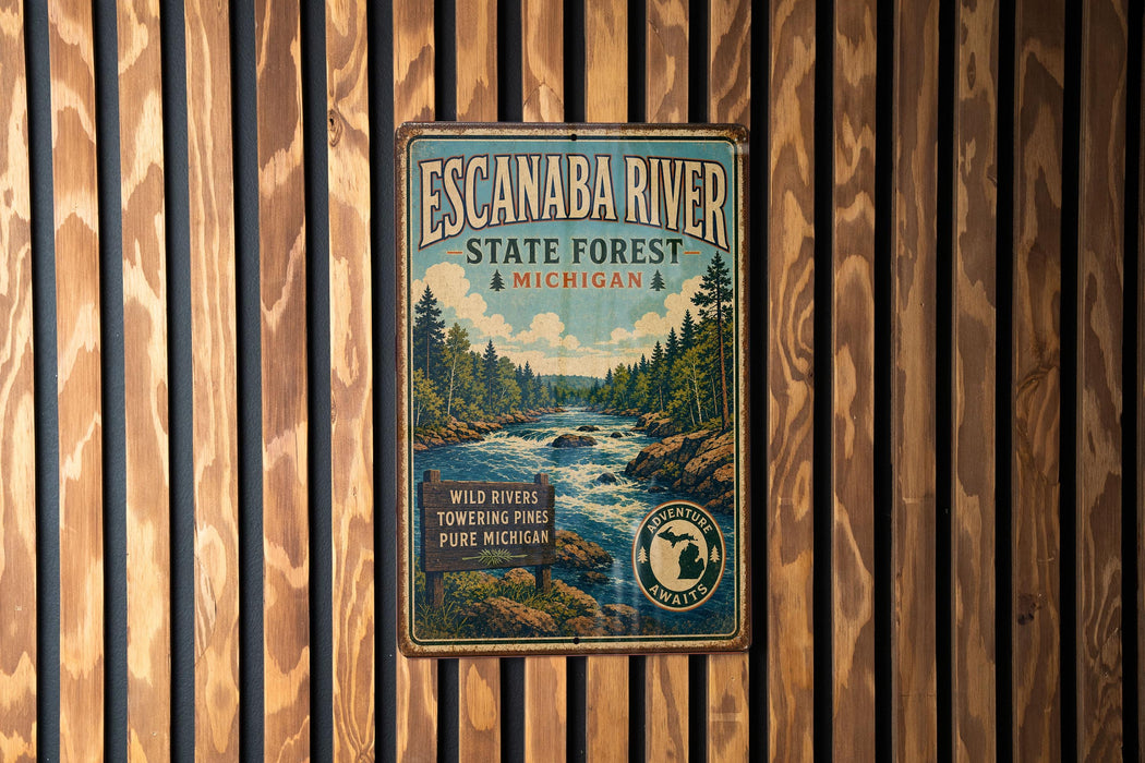 A vintage metal sign for Escanaba River State Forest, Michigan, featuring a scenic illustration of a river surrounded by pine trees and mountains.