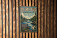 A vintage metal sign for Escanaba River State Forest, Michigan, featuring a scenic illustration of a river surrounded by pine trees and mountains.