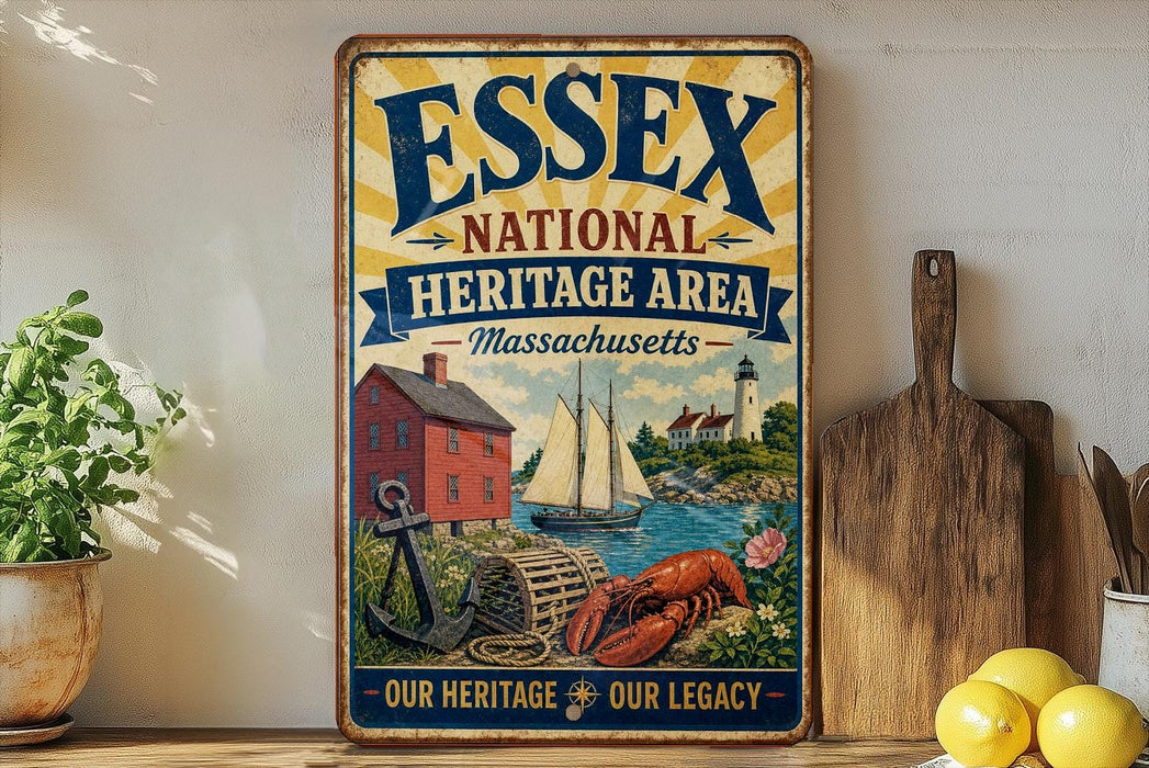 A vintage-style sign for the Essex National Heritage Area in Massachusetts, featuring illustrations of a red brick house, a sailboat, and a lobster.