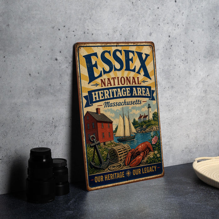 A vintage-style metal sign for the Essex National Heritage Area in Massachusetts, featuring illustrations of a lighthouse, a house, a boat, and a lobster.