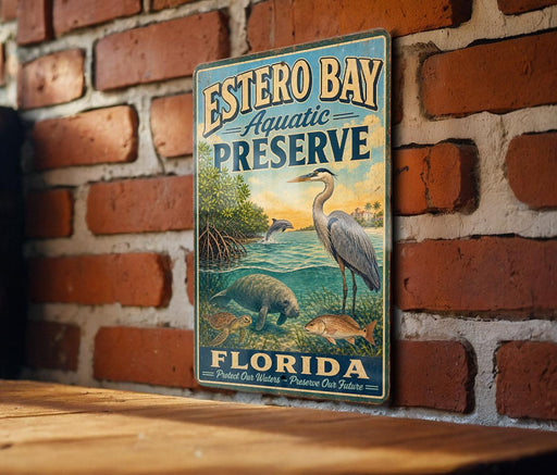 A vintage-style metal sign for Estero Bay Aquatic Preserve in Florida, featuring illustrations of various marine life such as a heron, a manatee, and a fish.