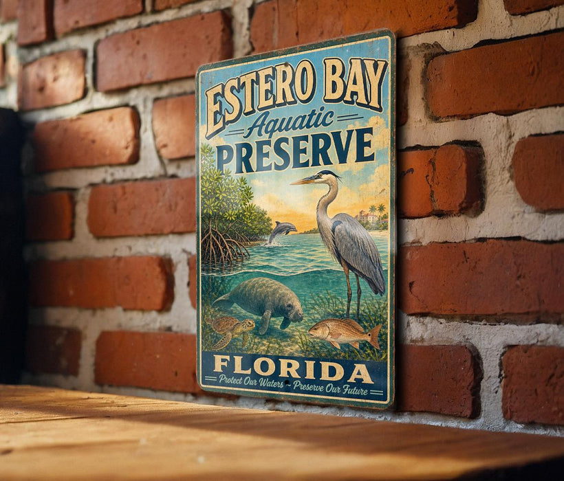 A vintage-style metal sign for Estero Bay Aquatic Preserve in Florida, featuring illustrations of various marine life such as a heron, a manatee, and a fish.