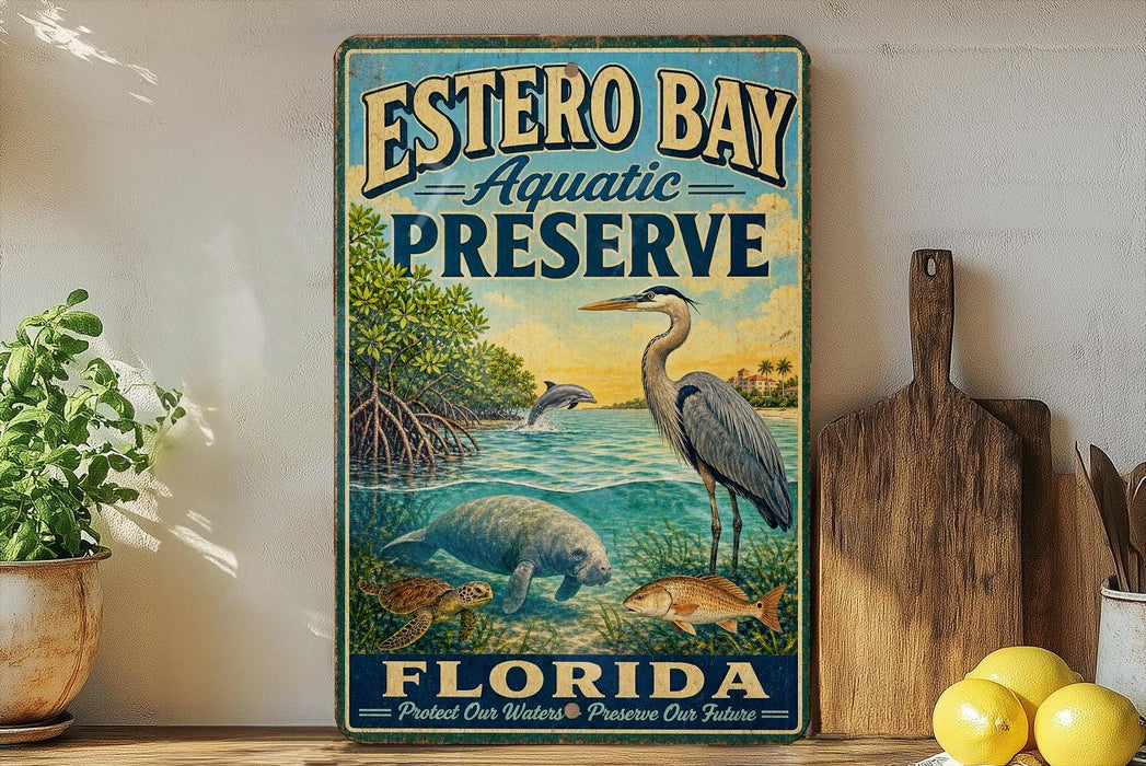 A vintage-style metal sign for Estero Bay Aquatic Preserve in Florida, featuring illustrations of various marine life such as a heron, a manatee, and a dolphin.