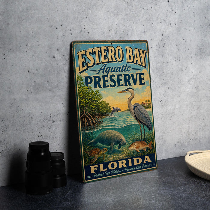 A vintage-style metal sign for Estero Bay Aquatic Preserve, featuring illustrations of various sea creatures and a serene underwater scene.
