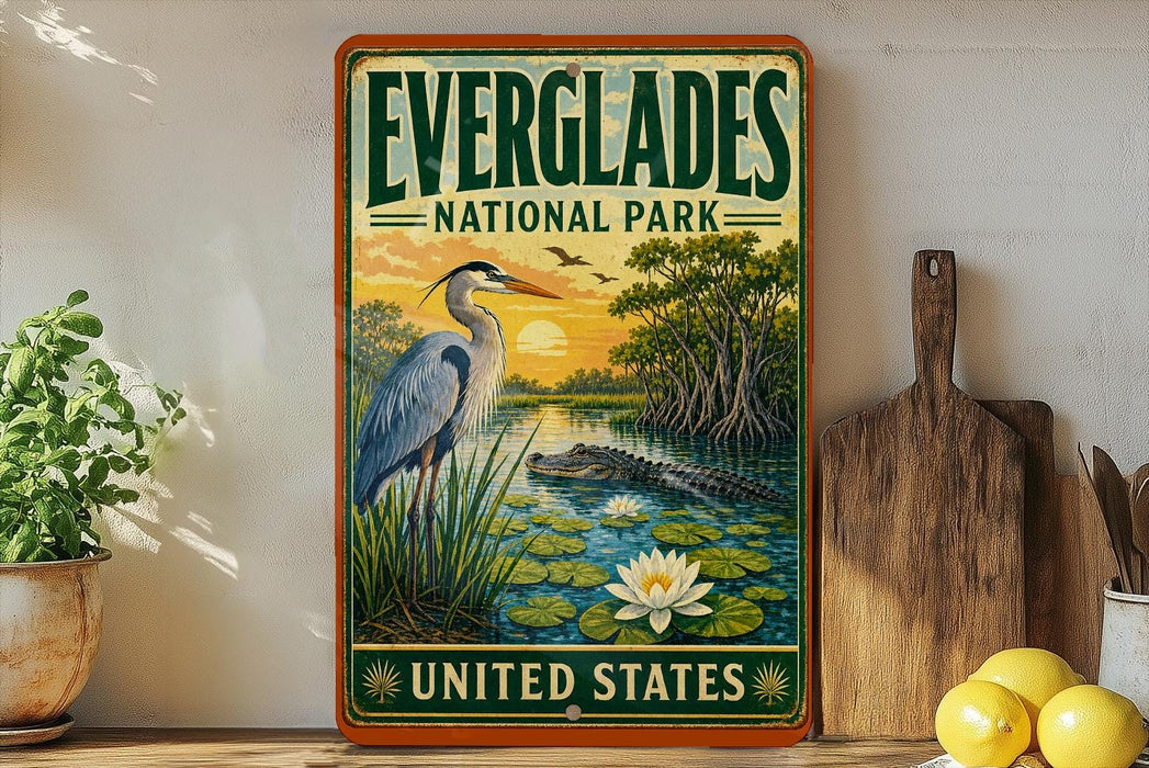 a vintage-style sign for Everglades National Park, with a painting of a heron and a swampy landscape, along with the text "EVERGLADES NATIONAL PARK" and "UNITED STATES".
