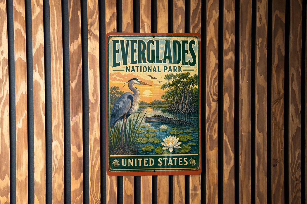 A vintage-style metal sign for Everglades National Park, featuring a bird, water lilies, and a sunset landscape, is mounted on a wooden wall.
