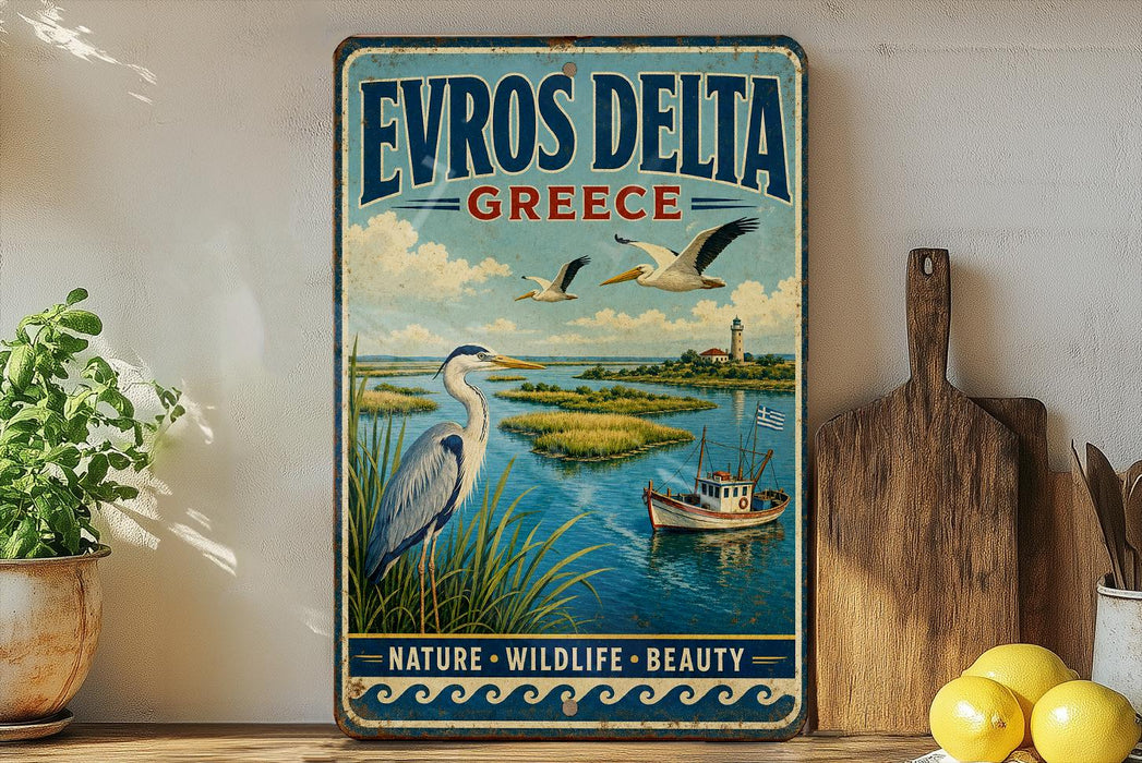 a vintage-style sign for "Evros Delta Greece" with a seagull and a boat on the water, surrounded by lush greenery.