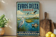 a vintage-style sign for "Evros Delta Greece" with a seagull and a boat on the water, surrounded by lush greenery.