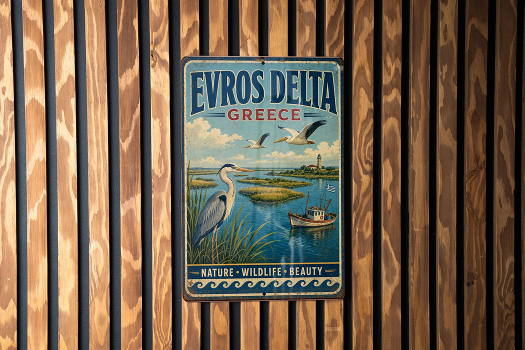A vintage metal sign with the text "EVROS DELTA GRECE" and an illustration of a seagull, a boat, and a lighthouse, hanging on a wooden wall.