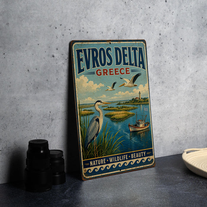 A vintage metal sign advertising "EVROS DELTA GREECE" with a scenic illustration of a bird, a boat, and a landscape.