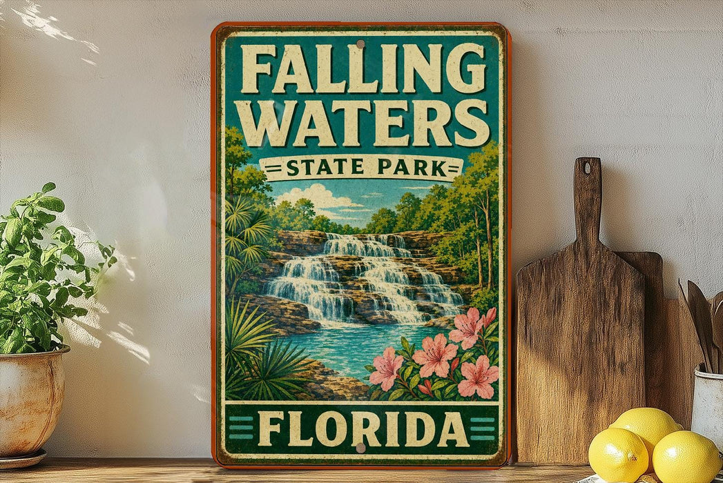 A vintage-style sign for Falling Waters State Park in Florida, featuring a waterfall and tropical foliage, is displayed on a shelf next to a wooden cutting board and some potted plants.