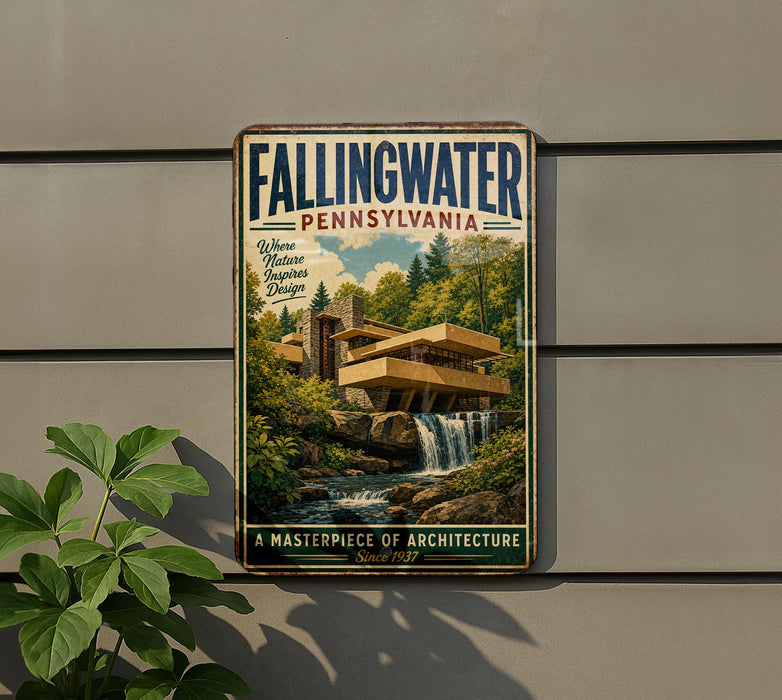 A vintage-style metal sign for Fallingwater, Pennsylvania, featuring a photograph of the house and waterfall.
