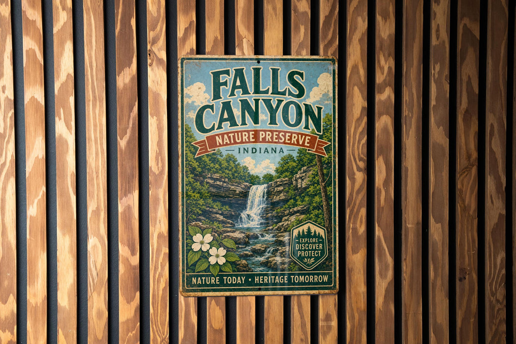 A vintage-style sign for Falls Canyon, a nature preserve in Indiana, featuring a waterfall and lush greenery.