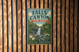 A vintage-style sign for Falls Canyon, a nature preserve in Indiana, featuring a waterfall and lush greenery.