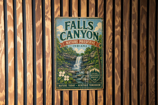 A vintage-style sign for Falls Canyon, a nature preserve in Indiana, featuring a waterfall and lush greenery.