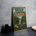 A vintage-style sign for Falls Canyon Nature Preserve, Indiana, featuring a waterfall and lush greenery.