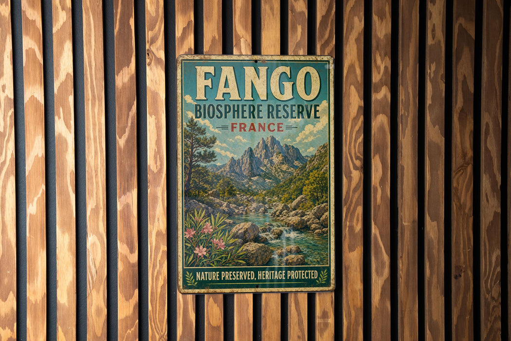 A vintage metal sign for the Fango Biosphere Reserve in France, featuring a scenic mountain landscape with a river and flowers.