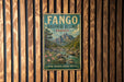 A vintage metal sign for the Fango Biosphere Reserve in France, featuring a scenic mountain landscape with a river and flowers.