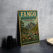 a vintage-style sign for the Fango Biosphere Reserve in France, with a mountain landscape and a river depicted on the sign.