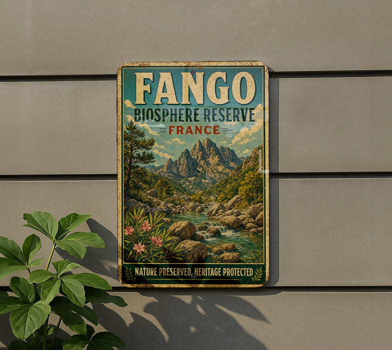 a vintage-style sign for the Fango Biosphere Reserve in France, which is a nature reserve and heritage site.