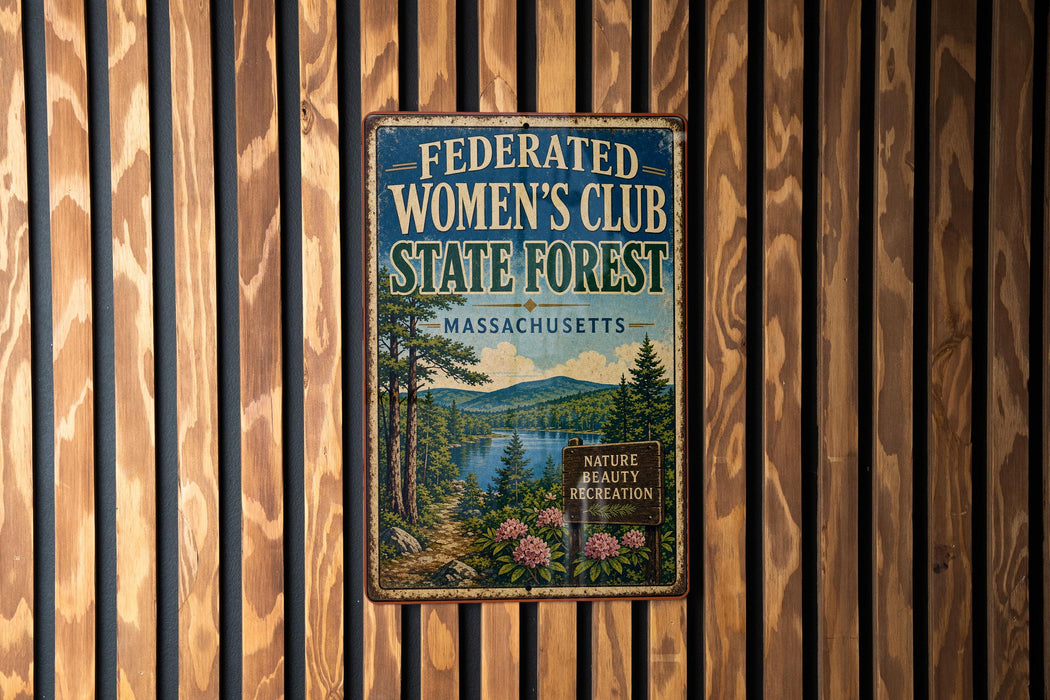A vintage metal sign for the Federated Women's Club State Forest in Massachusetts, featuring a scenic illustration of a forest and a lake.