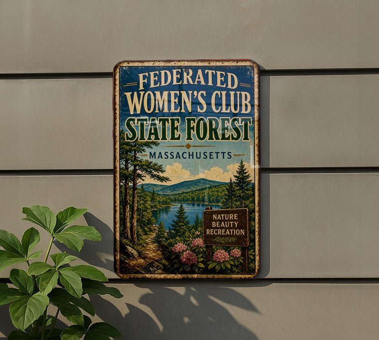 A metal sign on a wall, featuring a scenic image of a forest and a lake, with the text "Federated Women's Club State Forest, Massachusetts" and "NATURE BEAUTY RECREATION" below it.