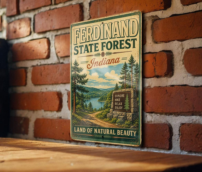 A vintage-style metal sign for the Ferndand State Forest in Indiana, featuring a scenic landscape with pine trees, a lake, and mountains.
