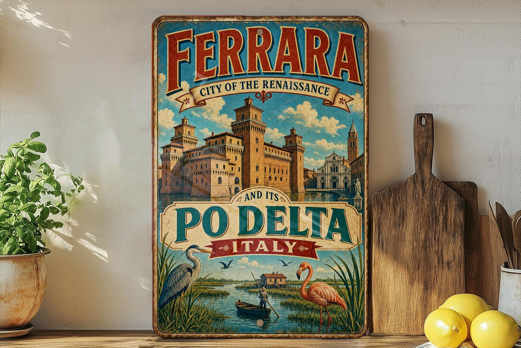 A vintage-style metal sign for the city of Ferrara, Italy, featuring a castle, a flamingo, and a boat on a river.
