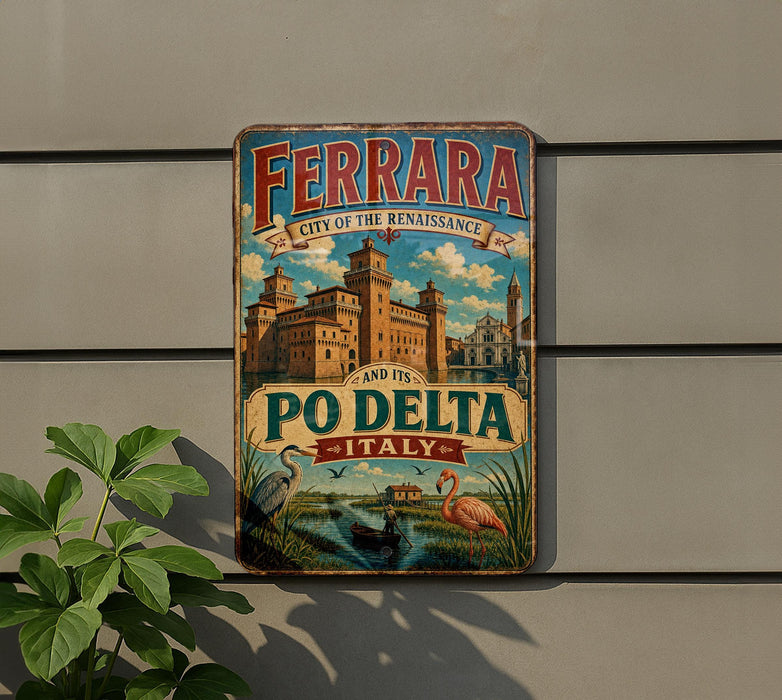 A vintage-style metal sign with the text "FERRARA CITY OF THE RENAISSANCE AND ITS PO DELTA ITALY" and an illustration of a cityscape with a castle, birds, and a river.