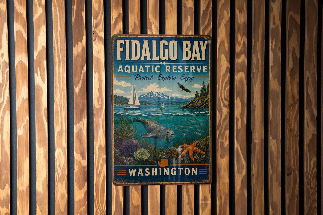A vintage metal sign for Fidalgo Bay Aquatic Reserve in Washington, featuring a seascape with a sailboat, marine life, and a mountain backdrop.