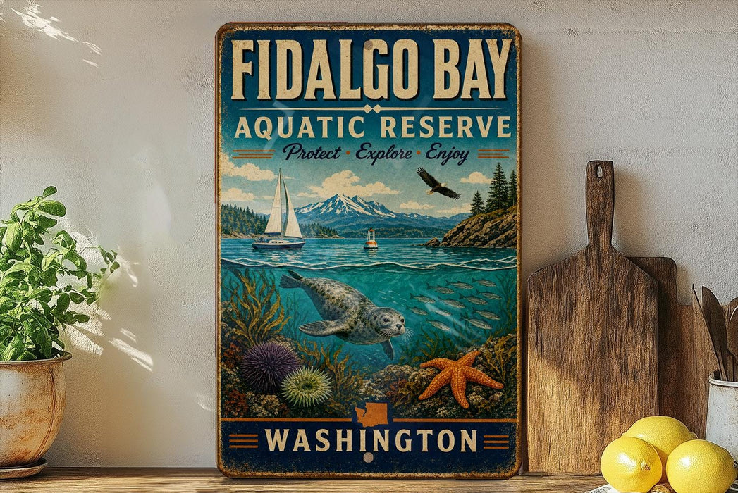 a vintage-style sign for Fidalgo Bay Aquatic Reserve in Washington, with a scenic illustration of a seascape, a sailboat, and marine life.