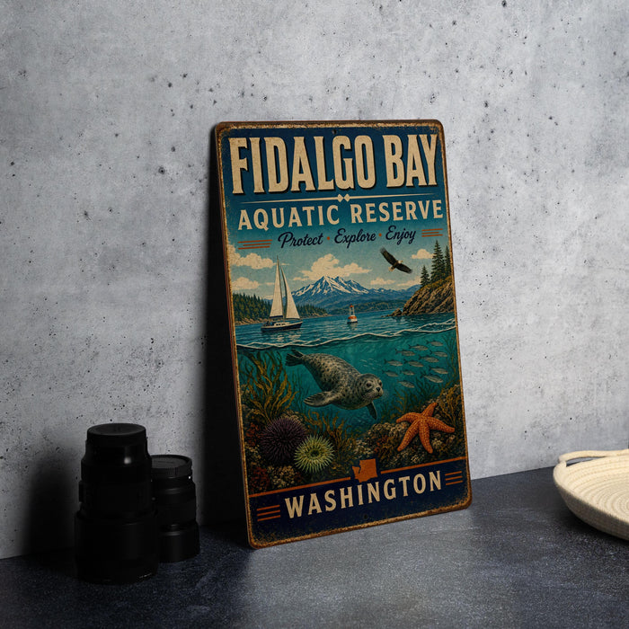 a vintage-style metal sign for Fidalgo Bay Aquatic Reserve, with illustrations of marine life and a sailboat.