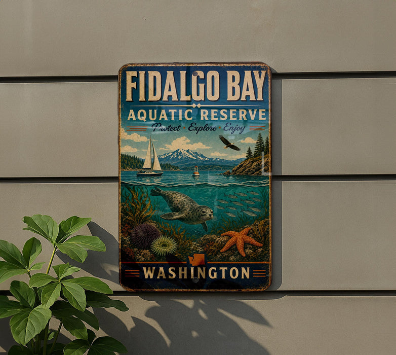 a vintage-style metal sign for Fidalgo Bay Aquatic Reserve, which is located in Washington. The sign is mounted on a wall and depicts a seascape with a sailboat, fish, and marine life.