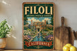 A vintage-style sign for the Filoli Historic House & Garden in California, featuring a large illustration of the house surrounded by a garden and a fountain.