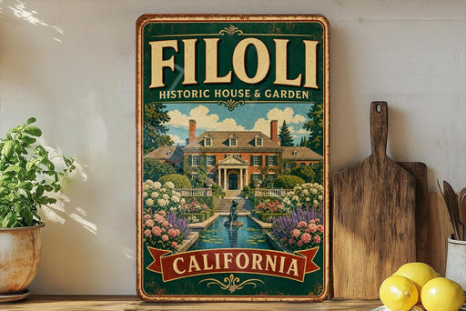 A vintage-style sign for the Filoli Historic House & Garden in California, featuring a large illustration of the house surrounded by a garden and a fountain.