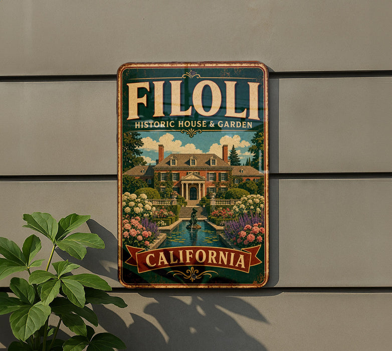 A vintage-style metal sign for the Filoli Historic House & Garden in California, featuring a detailed illustration of the historic house surrounded by lush gardens and a pond.