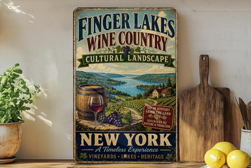 A vintage-style sign advertising Finger Lakes Wine Country, New York, featuring a scenic landscape with a barrel of wine, grapes, and a wooden paddle.