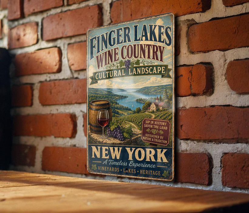 A vintage-style sign for Finger Lakes Wine Country, featuring a scenic landscape with a barrel of wine and grapes, mounted on a brick wall.