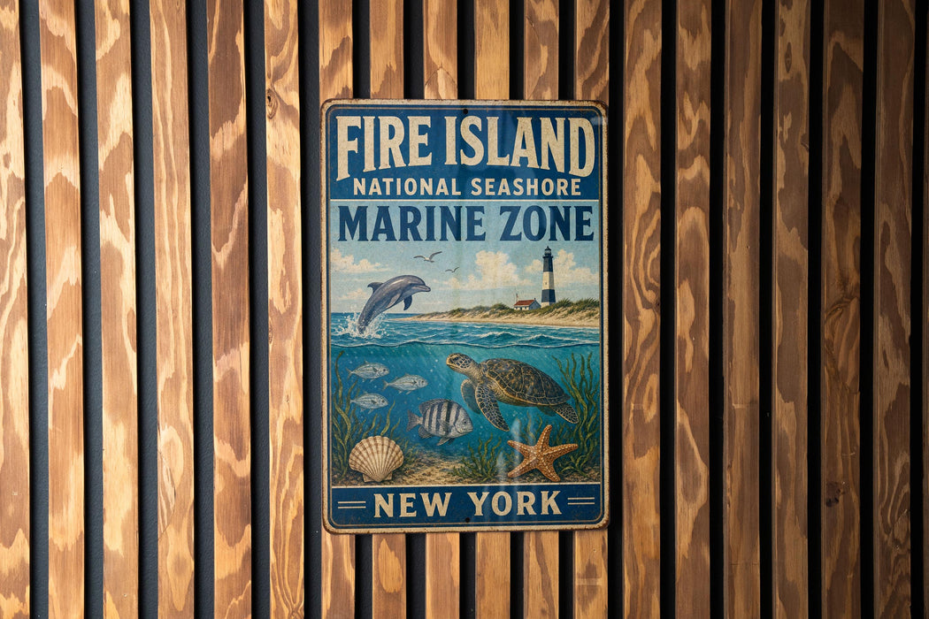 A metal sign for the Fire Island National Seashore Marine Zone, featuring illustrations of marine life such as a dolphin, turtle, and starfish, along with the text "FIRE ISLAND NATIONAL SEASHORE MARINE ZONE" and "NEW YORK".