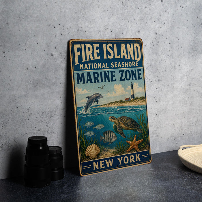 A vintage-style metal sign for the Fire Island National Seashore Marine Zone in New York, featuring illustrations of marine life and a lighthouse.