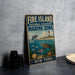 A vintage-style metal sign for the Fire Island National Seashore Marine Zone in New York, featuring illustrations of marine life and a lighthouse.