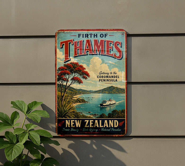a vintage-style metal sign advertising a trip to the Coromandel Peninsula in New Zealand.