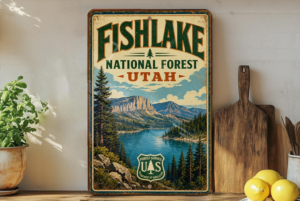 A vintage-style sign for Fish Lake National Forest in Utah, featuring a scenic landscape with mountains, a lake, and pine trees.