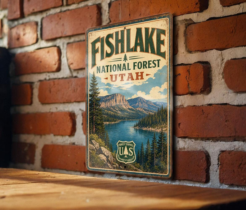 A vintage-style metal sign for Fish Lake National Forest in Utah, featuring a scenic landscape with mountains, a lake, and pine trees.